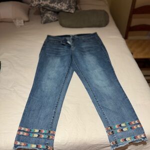 Coldwater Creek Medium Blue Cropped Jeans with Colorful Embroidered Hem